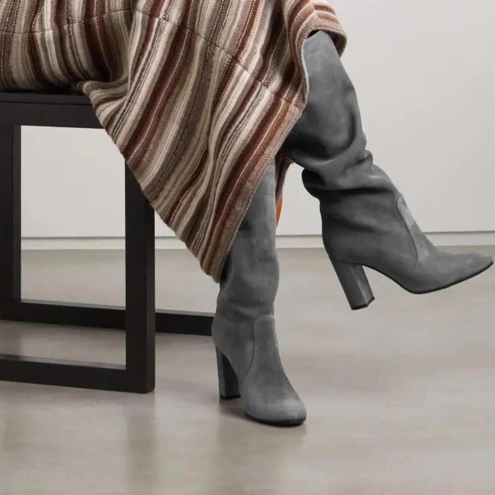 Elegant Gray Suede Knee-High Boots with Block Heel